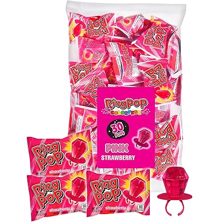 Ring Pop Individually Wrapped Pink Halloween Candy, Strawberry 30 Ct Lollipop Bulk, Lollipop Suckers for Kids, Fun Candy Bulk for Gender Reveal, Trick or Treat, Halloween Bowls, Gifts, Party Favors