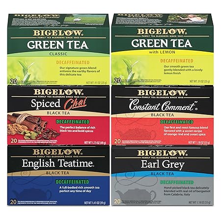 Bigelow Tea Decaffeinated Tea 6 Flavor Variety Pack, Decaf Tea with Green Tea, Spiced Chai, Constant Comment, English Teatime and Earl Grey Tea, 20 Count Box (Pack of 6), 120 Total Tea Bags