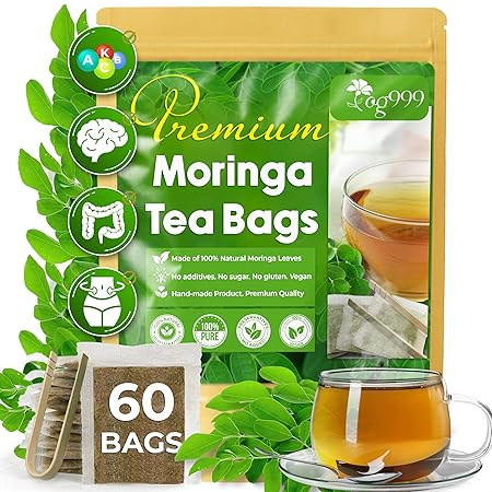 TOG999, Premium 60 Moringa Leaf Tea Bags, 100% Natural & Pure, Loose Leaf Moringa Herbal Tea. No Sugar, No Caffeine, No Gluten, Vegan.