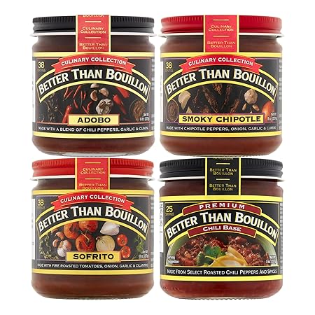 Better Than Bouillon Base Variety Pack, 1 Adobo Base, 1 Smoky Chipotle Base, 1 Sofrito Base, 1 Chili Base, 8 Ounce Glass Jars (Pack of 4)