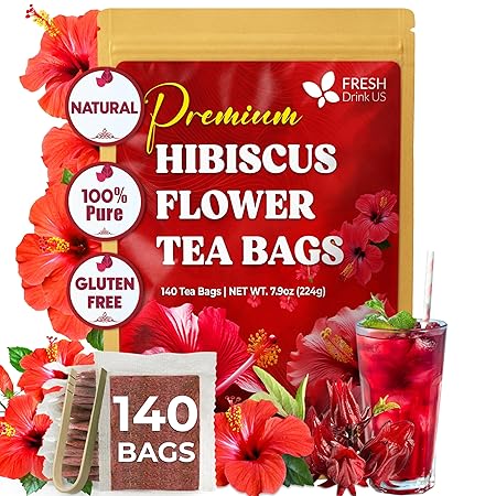 FreshDrinkUS, Premium 140 Hibiscus Flowers Tea Bags, 100% Natural, Handmade & Pure from Hibiscus Flowers. No Sugar/Caffeine/Gluten, Vegan. Tart & Refreshing, Hot or Ice Tea, Great For All Seasons