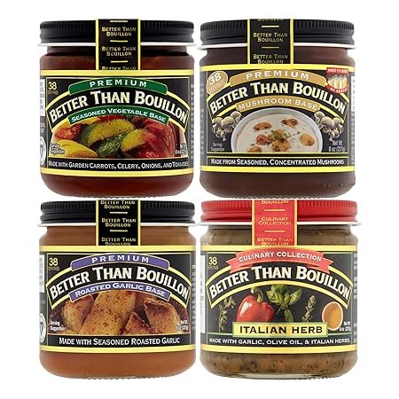 Better Than Bouillon All Vegetarian Base Variety Pack, 1 Seasoned Vegetable Base, 1 Mushroom Base, 1 Roasted Garlic Base, 1 Italian Herb Base, 8 oz Jars (Pack of 4)