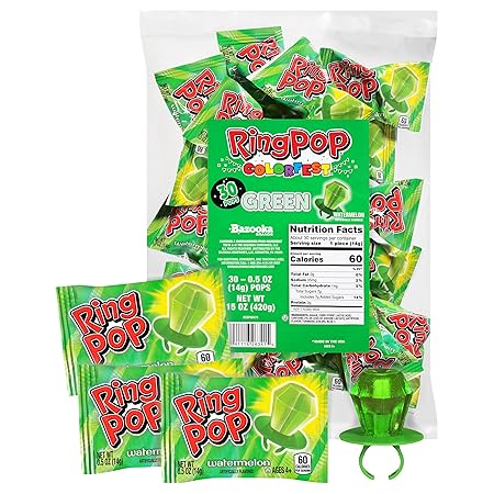 Ring Pop Green Halloween Candy Lollipops, 30Ct Bulk Candy Individually Wrapped in Green Watermelon Flavor, Full Size, Fun Hard Candy For Trick or Treat, Halloween Bowls, Gifts, Party Favors for Kids