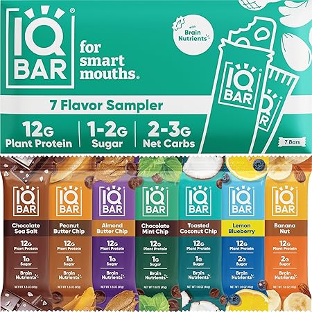 IQBAR Brain and Body Plant Protein Bars – 7 Bar Variety Sampler Pack – Keto, Vegan, Low Carb, High Fiber, Gluten Free, Dairy Free, Low Sugar Snack with Lion’s Mane and MCTs for Focus, Energy and Meal Replacement