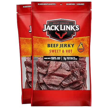 Jack Link's Beef Jerky, Sweet & Hot, Large Jerky Bags - Flavorful Meat Snacks, Ready to Eat Protein Snacks, 9g of Protein per Serving, Made with 100% Beef - 9 Oz. (Pack of 2)