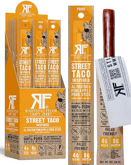 Righteous Felon Meat Sticks | 100% Pork Sticks | Gluten Free & Keto Meat Sticks | Low Sugar & High Protein Pork Sticks | Healthy Snack for Adults | Jerky Gifts for Men | Street Taco, 24 Pack