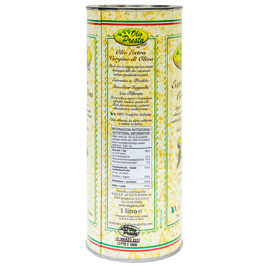Olio Presta Olive Oil, Organic, Extra Virgin Olive Oil Tin - 12 tins x 1L case