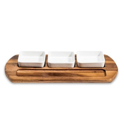 Kalmar Home Acacia Wood Charcuterie/ Serving Tray w/ 3 square ceramic bowls