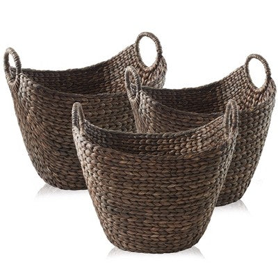 Casafield Set of 3 Water Hyacinth Boat Baskets with Handles, Woven Storage Organizers for Blankets, Laundry, Bathroom, Bedroom, Living Room