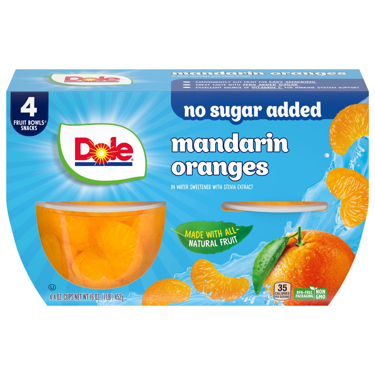 Dole Mandarin Oranges No Sugar Added Fruit Cups - 16oz/4ct