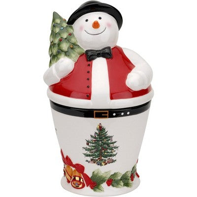 Spode Christmas Tree Mr. Snowman Cookie Jar - 10" Dolomite Christmas Cookie Jar with Lid - Winter-Themed Candy Jar, Festive Kitchen Décor