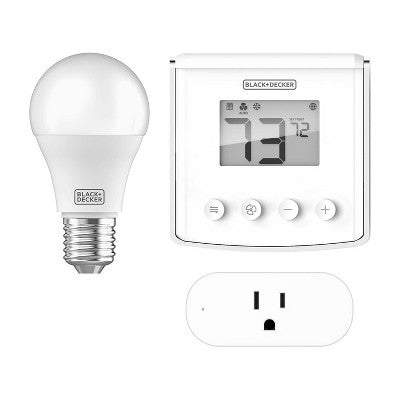 Black+Decker BDXSKSW01 Smart Home Starter Kit w/ BDXHSTL1 App Controllable Thermostat, BDXLBS19T1 Turnable Dimming Lightbulb, and BDXHTSL1 Smart Plug