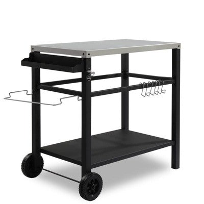 Karl Home 3-Shelf Outdoor Grill Cart Movable BBQ Trolley with Two Wheels and Hooks