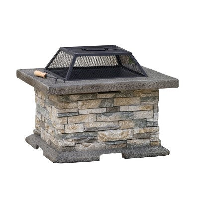 Gulches 28" Square MGO Fire Pit - Engineered Stone Base & Heat-Resistant Iron Bowl, Includes Mesh Cover/Poker, No Assembly