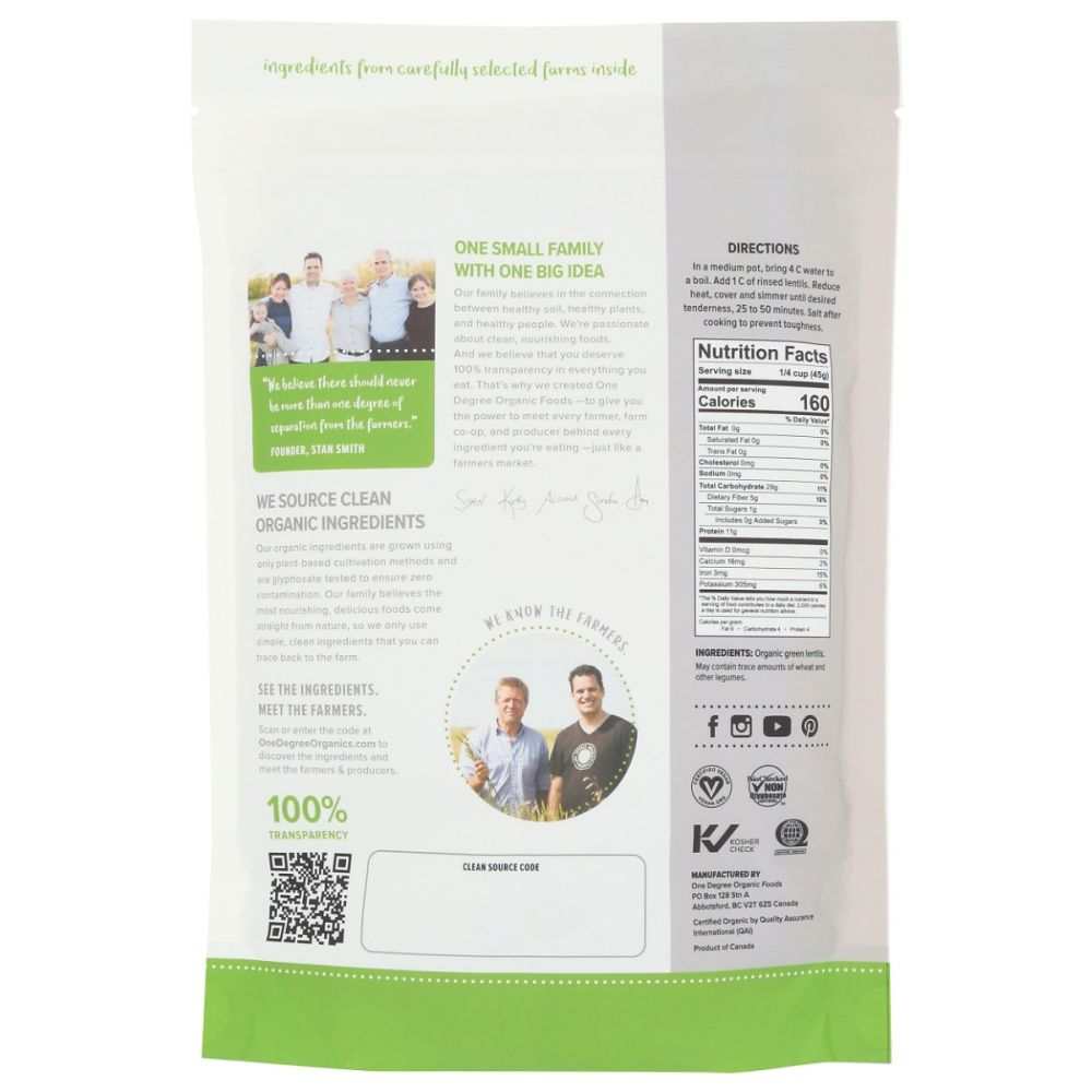 ONE DEGREE: Organic Green Lentils, 16 oz