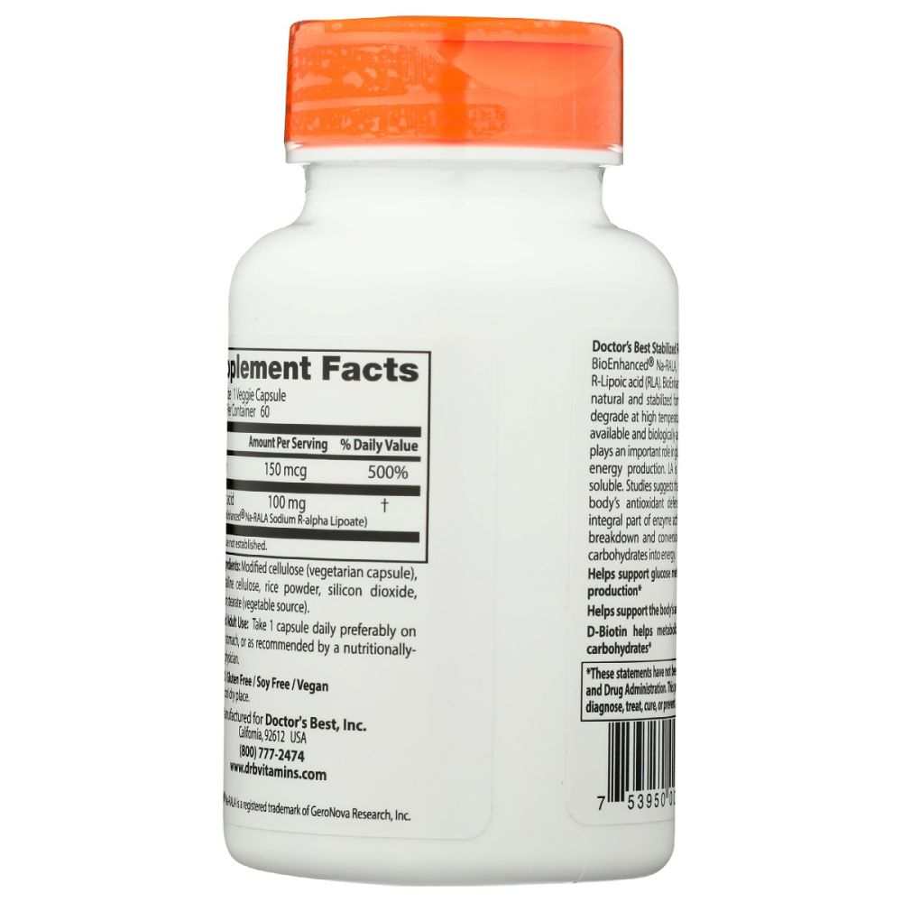 DOCTORS BEST: Stabilized R Lipoic Acid with BioEnhanced Na RALA 100Mg, 60 vc