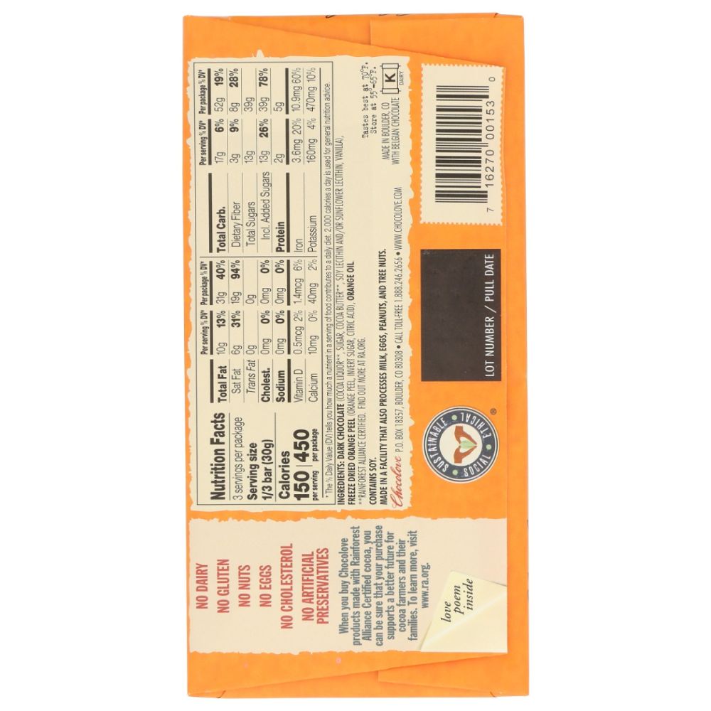 CHOCOLOVE: Orange Peel In Dark Chocolate Bar, 3.2 oz