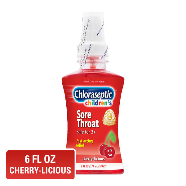 Chloraseptic children's sore throat spray bottle with cherry flavor on a white background