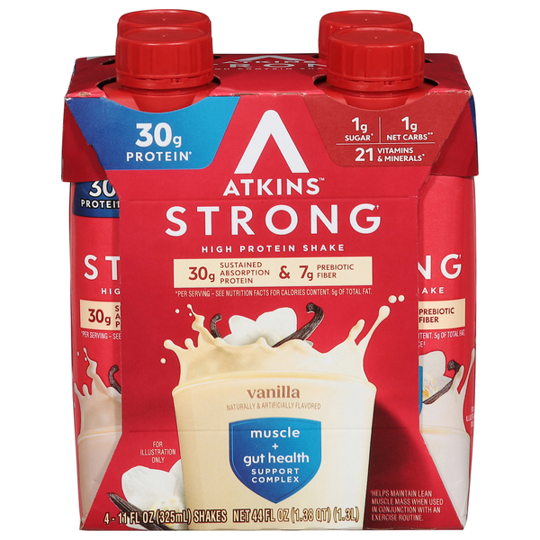 Four-pack of Atkins Strong High Protein Shakes in vanilla flavor on a white background