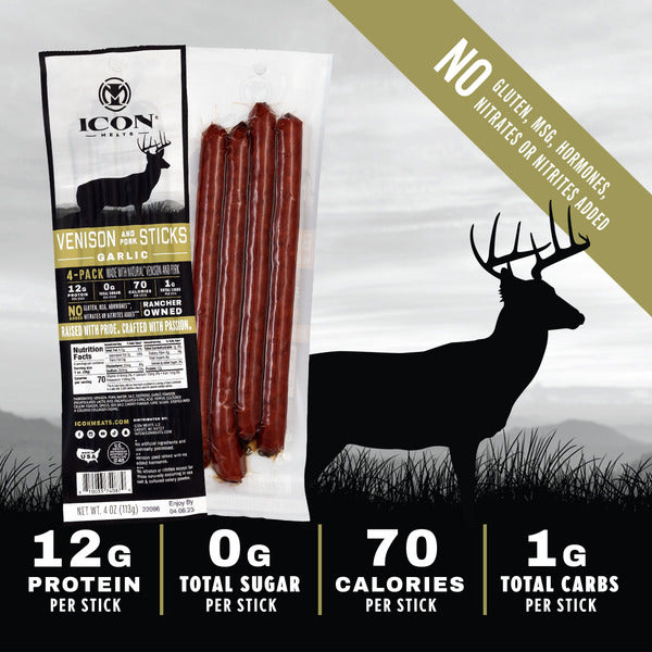 ICON Meats Venison & Pork Sticks - 4 oz - 4 pack - Garlic