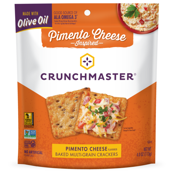 Packaging of Crunchmaster pimento cheese crackers with a white background