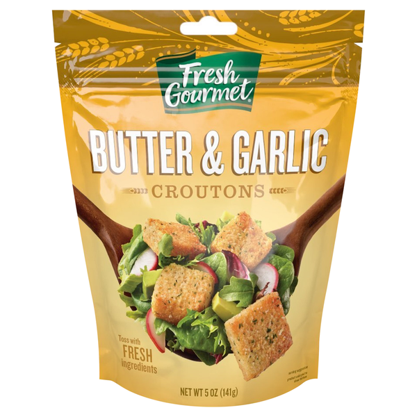 Packaging of Fresh Gourmet Butter & Garlic Croutons on a white background