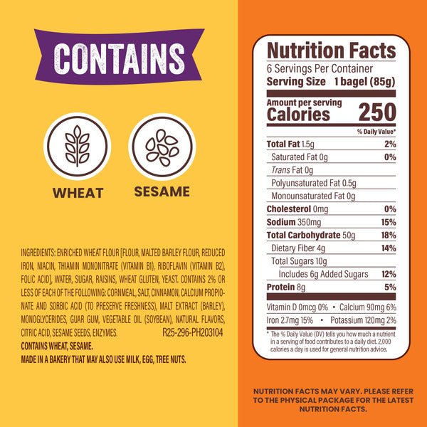 Thomas’ 6 ct, Cinnamon Raisin, Bagels, 8g Protein, Kosher, Bagels, 18 oz