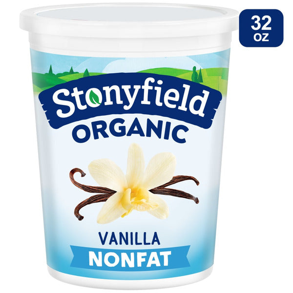Stonyfield Organic Vanilla Nonfat yogurt container on a white background