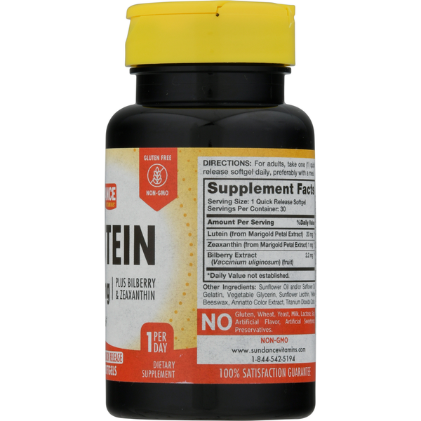 Sundance Vitamins Lutein, 20 mg, Quick Release Softgels, Plus Bilberry & Zeaxanthin