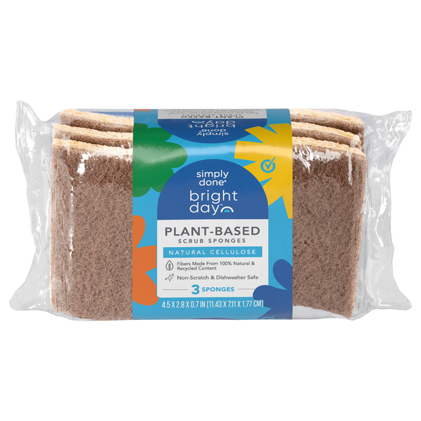 Pack of plant-based scrub sponges with a 'Simply Done Bright Day' label on a white background.