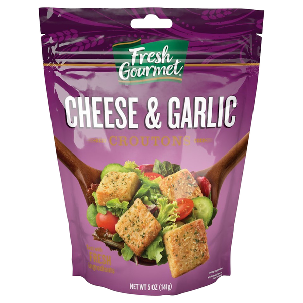Purple package of Fresh Gourmet Cheese & Garlic Choutons with a salad image on a white background