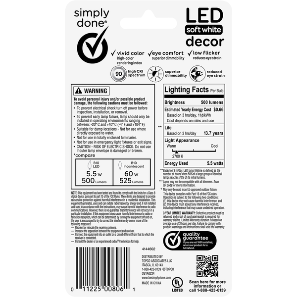 Simply Done LED Soft White Decor 5.5 Watts 500 Lumens Clear B10 Bulbs