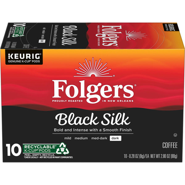 Box of Folgers Black Silk K-Cup coffee pods with red, black, and orange design.