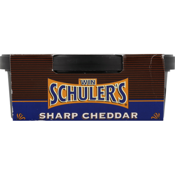Win Schuler's Sharp Cheddar cheese container on a white background