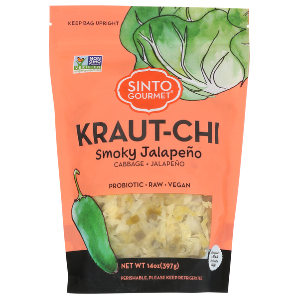 Package of Sinto Gourmet Kraut-Chi Smoky Jalapeno with cabbage and jalapeno illustrations on an orange background.