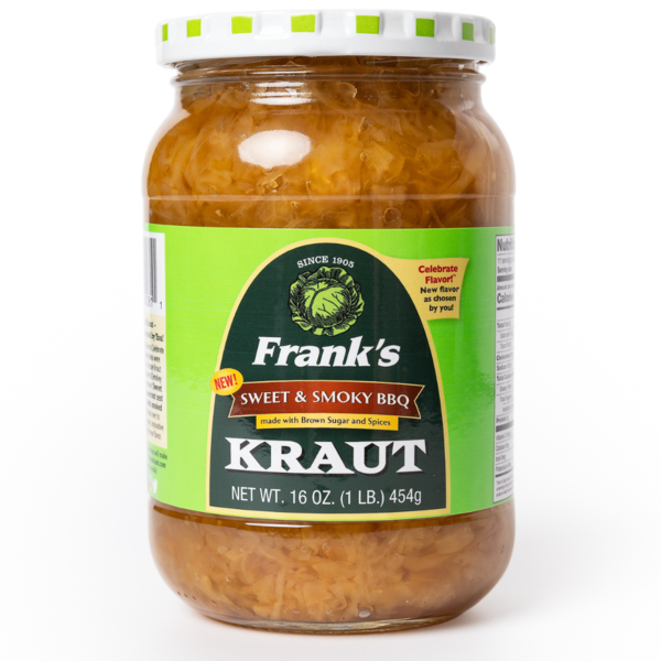 Jar of Frank's Sweet & Smoky BBQ Kraut on a white background