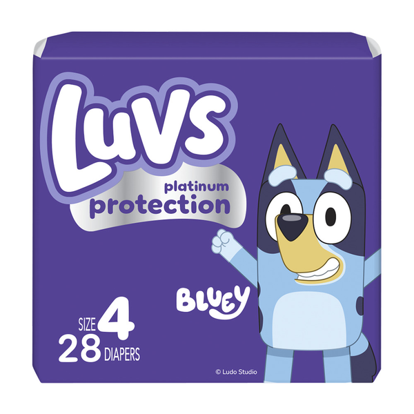 Luvs diaper package with Bluey character on a purple background