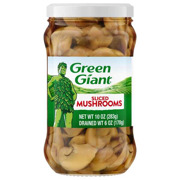 Jar of Green Giant sliced mushrooms on a white background