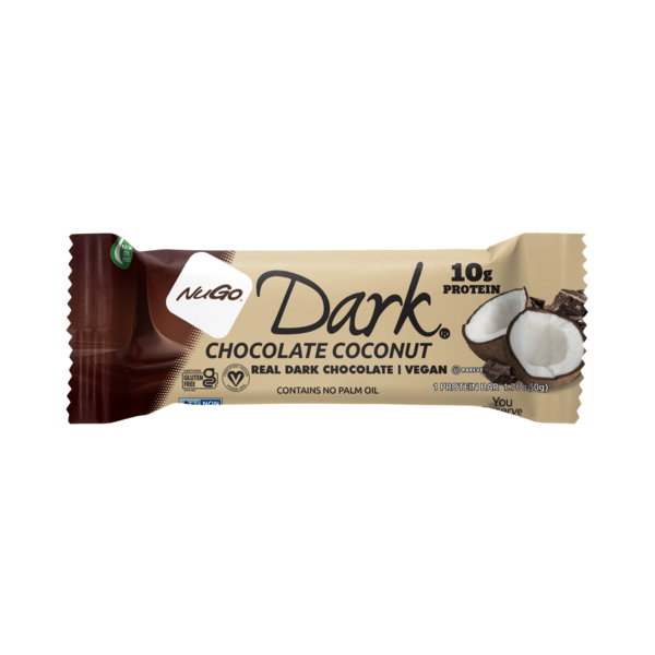 Dark chocolate coconut protein bar with MeGo branding on a white background