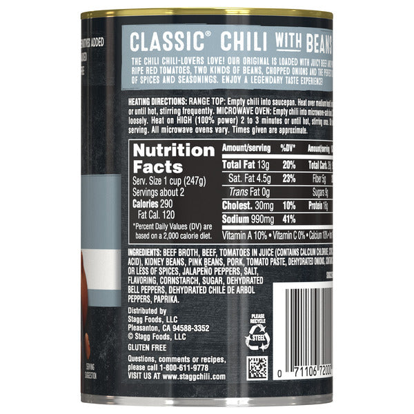 STAGG COUNTRY BRAND CLASSIC Chili with Beans, 15 OZ