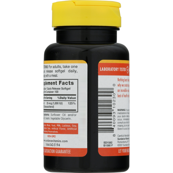 Sundance Vitamins Vitamin D3, High Potency, 1000 IU, Quick Release Softgels