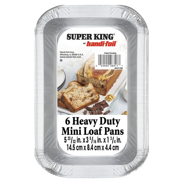 Super King handi-foil mini loaf pans packaging with a loaf of bread on a white background