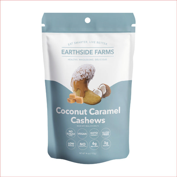 Packaging of Earthside Farms Coconut Caramel Cashews on a white background