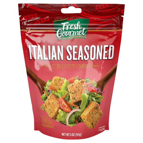 Bag of Fresh Gourmet Italian Seasoned Croutons on a white background