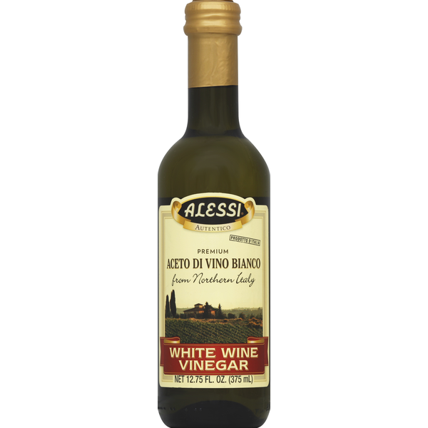 Bottle of Alessi white wine vinegar on a white background