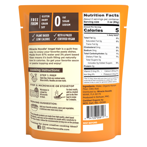 Miracle Noodle  Angel Hair Style, Organic, Ready-to-eat Noodle