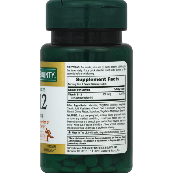 Nature's Bounty Vitamin B-12, 500 mcg, Quick Dissolve Tablets