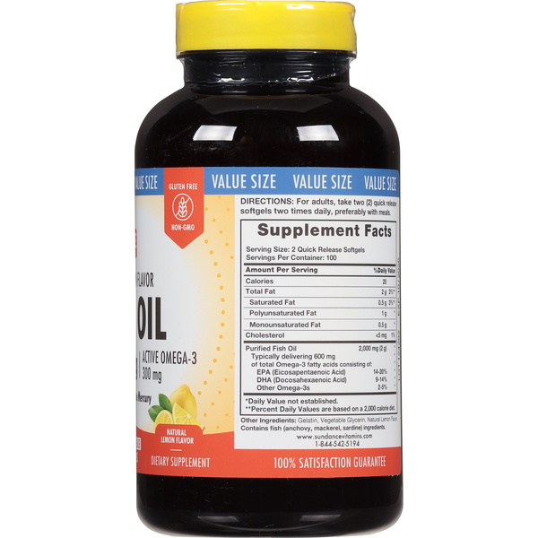 Sundance Vitamins Fish Oil, 1000 mg, Quick Release Softgels, Natural Lemon Flavor, Value Size