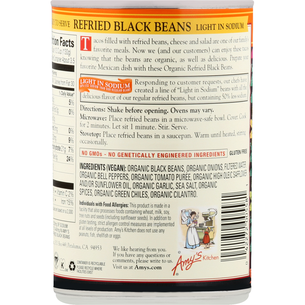 Amy's Kitchen Organic Vegetarian Refried Black Beans Light In Sodium
