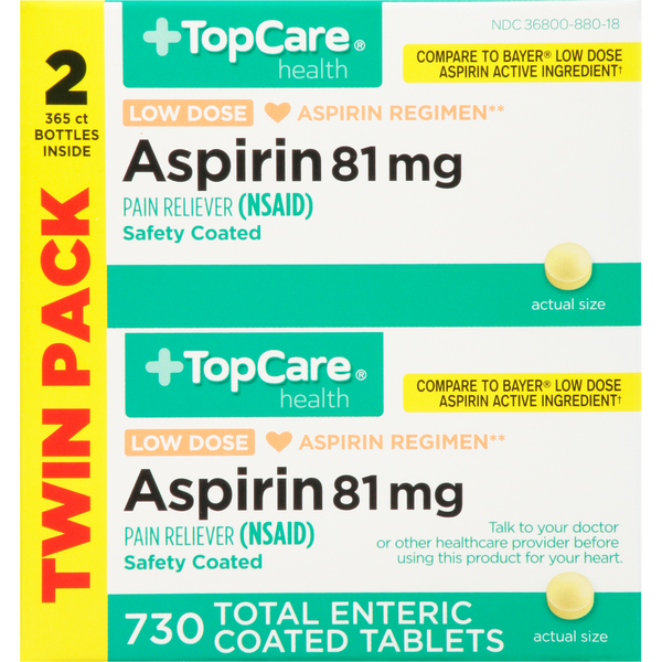 TopCare Aspirin, Low Dose, 81 mg, Enteric Coated Tablets, Twin Pack